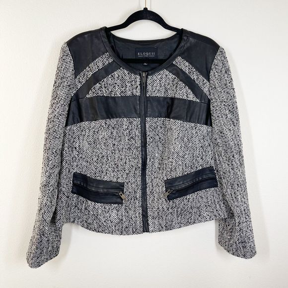 Eloquii Faux Leather Trim‎ Tweed Jacket Womens Plus Size 14 Black Wool Blend Zip - Picture 1 of 12